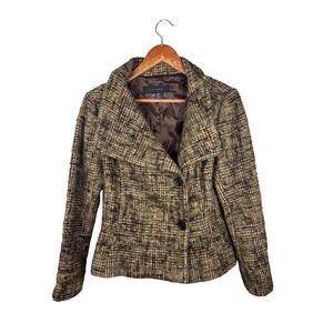 Zara Woman Size 12 Tweed Plaid Blazer Jacket Green Brown Wool Blend Button Front